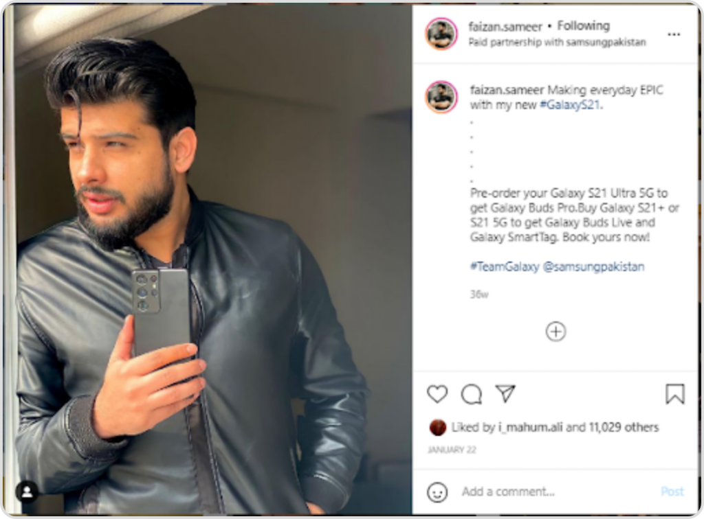Faizan Sameer posting his Paid Partnership with Samsung Pakistan