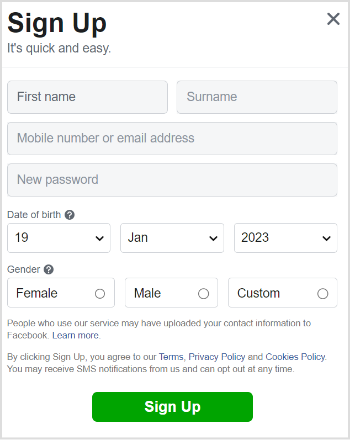 Facebook signup tab