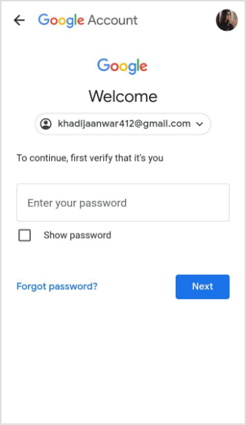 Enter old password to Change your password on Google