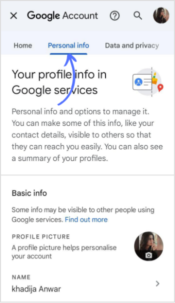 tap on personal info on Google
