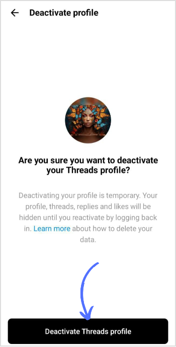 tap on deactivate threads profile
