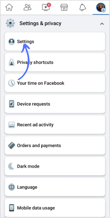 tap on settings on Facebook homepage