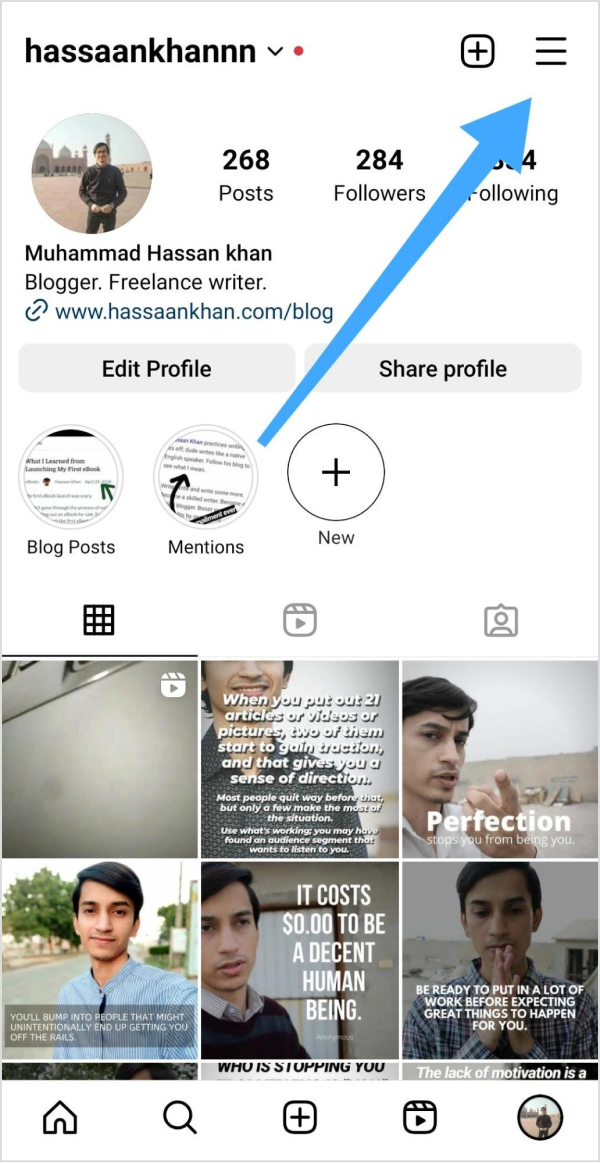 Open the options menu from the Instagram profile page